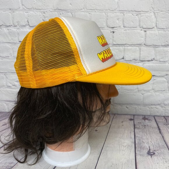 Vintage Trucker Hat Mesh Cap Snapback Yellow White Harvey WALLBANGER Print Logo - Picture 4 of 8